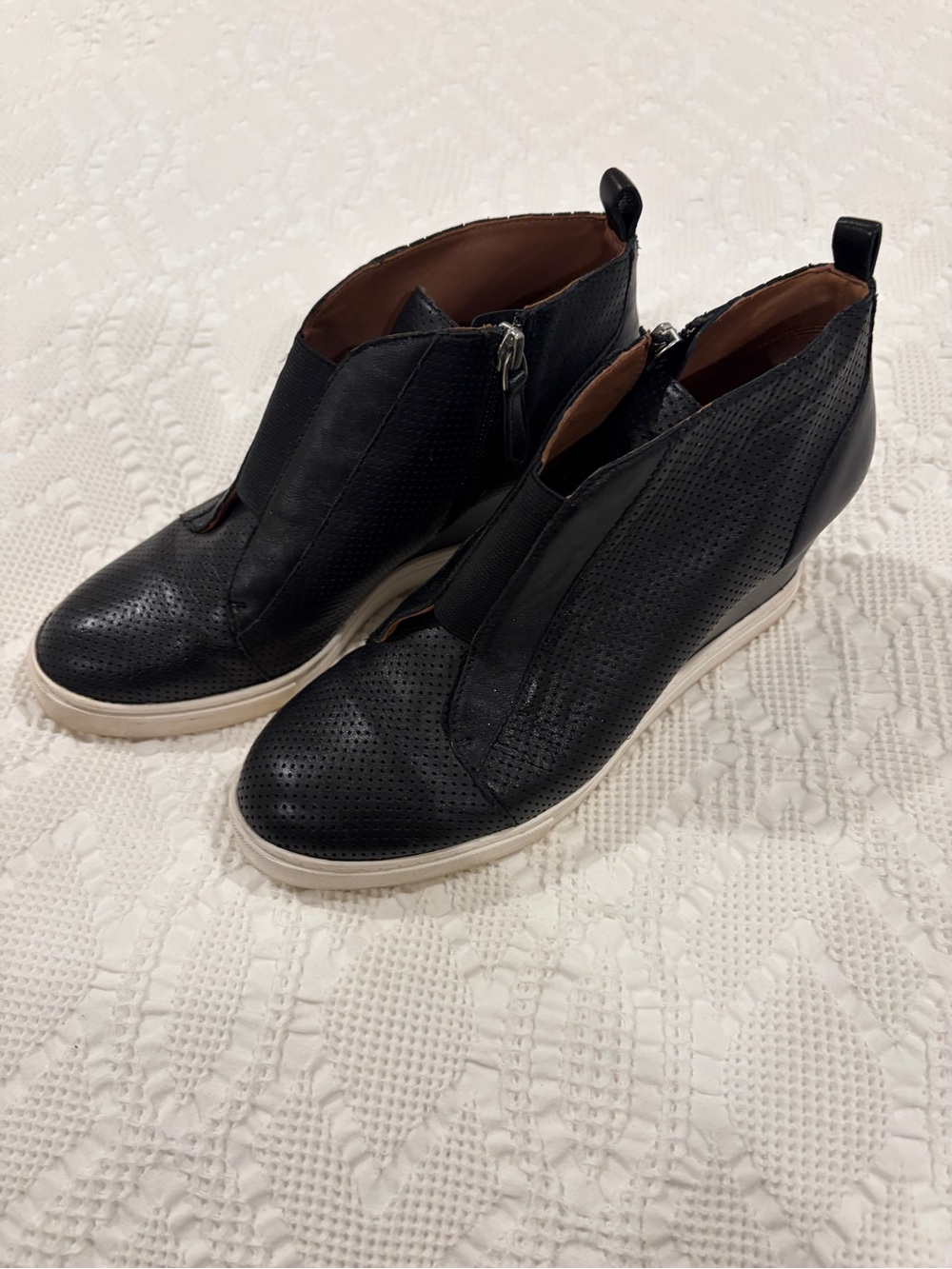 Linea Paolo Felicia Black Perforated Leather Wedge Sneakers / Bootie